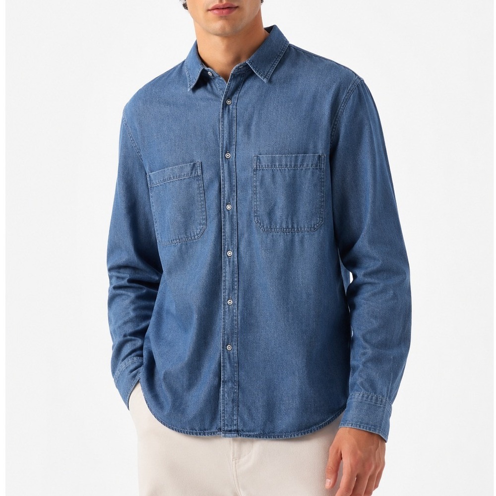 Zara Men's Blue Denim Button Up Shirt Size Medium Western Casual Long Sleeve Top
